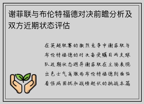 谢菲联与布伦特福德对决前瞻分析及双方近期状态评估